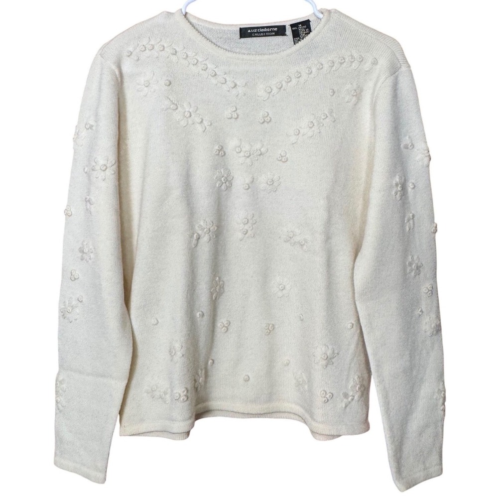 Liz Claiborne 100% Merino Wool Ivory Sweater M Bead Floral Embroidered Festive